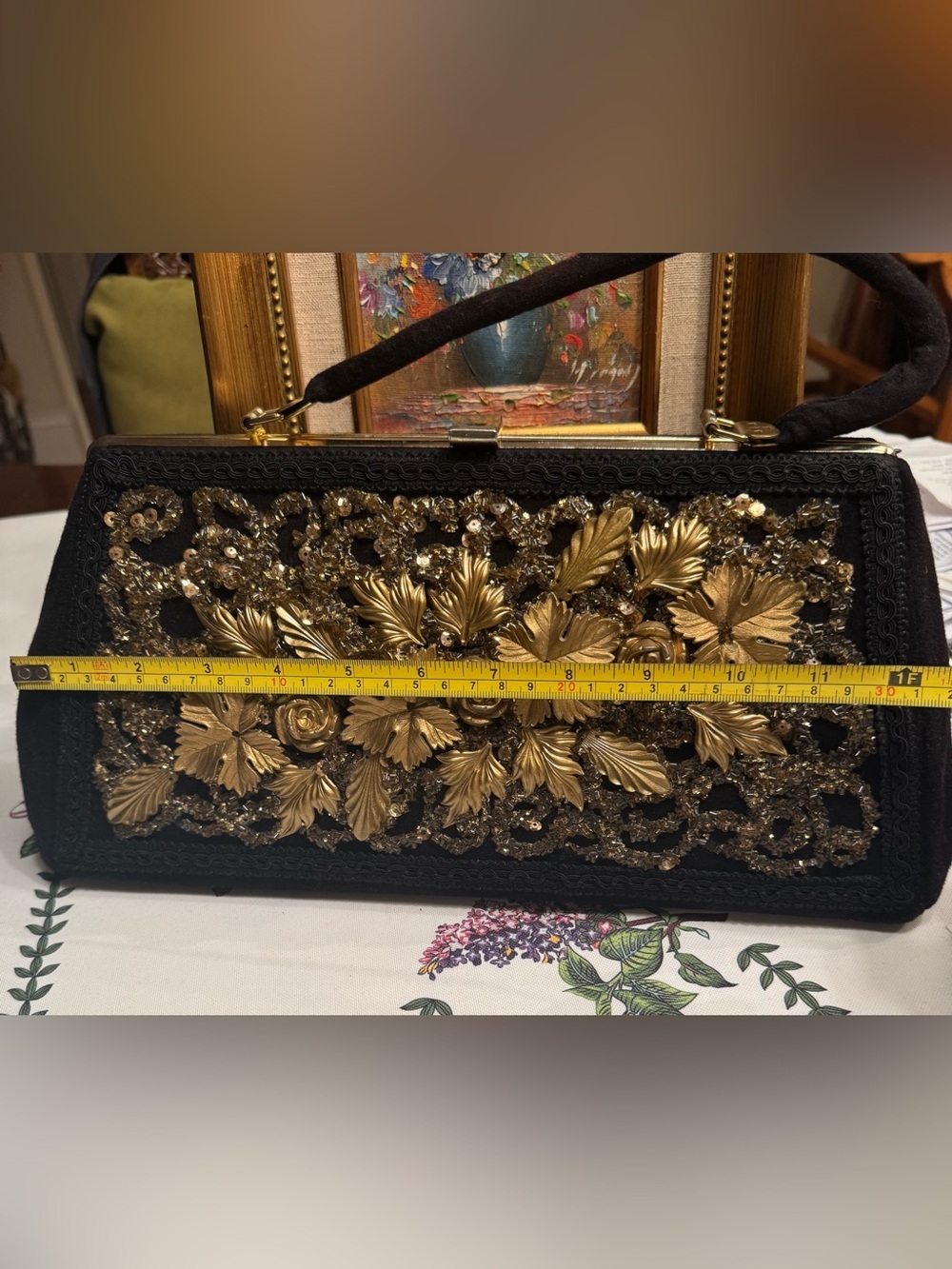 Black Clutch with Gold Floral Embellishment - Picture 5 of 8